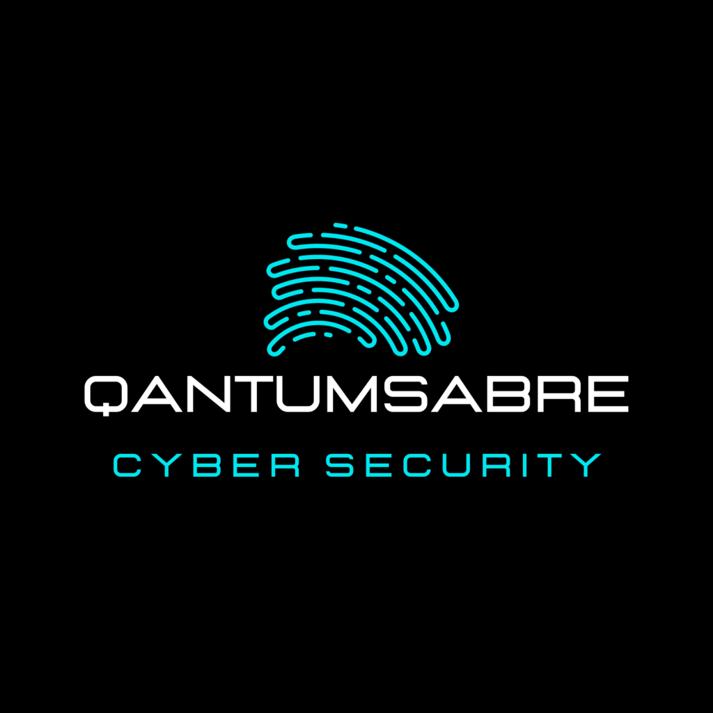 QuantumSabre Cyber Security logo featuring a blue fingerprint design and bold white text on a black background, symbolizing Comprehensive Cybersecurity Services.