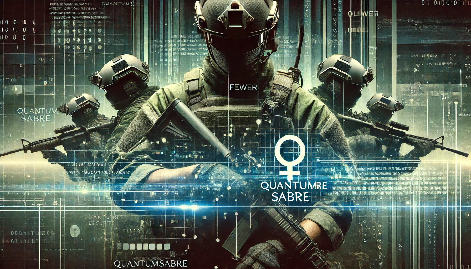 Armed military personnel in tactical gear surrounded by digital cybersecurity elements and QuantumSabre branding.