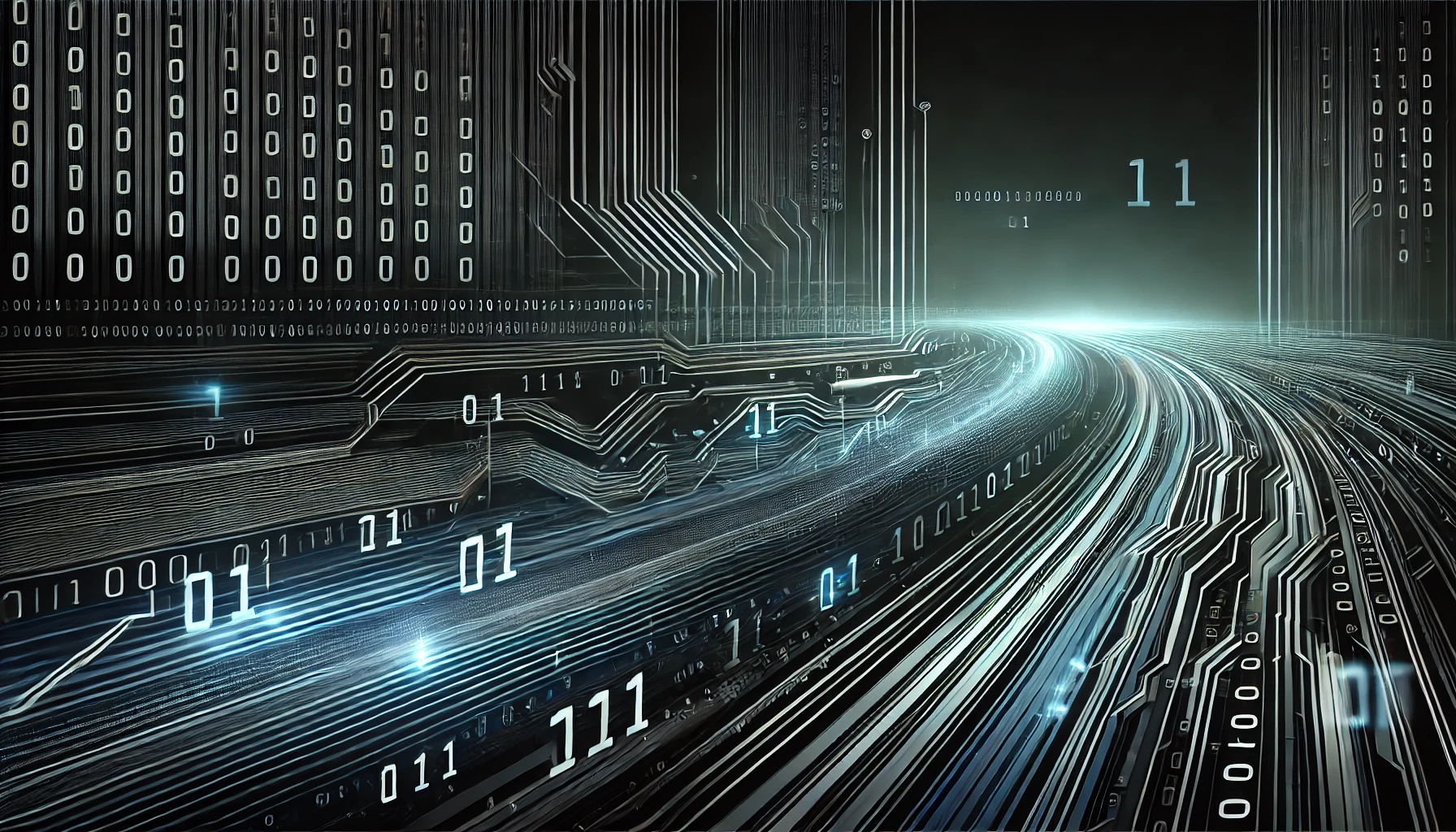 A futuristic digital data highway with binary code streams and circuit-like structures symbolizing advanced cybersecurity and data flow.