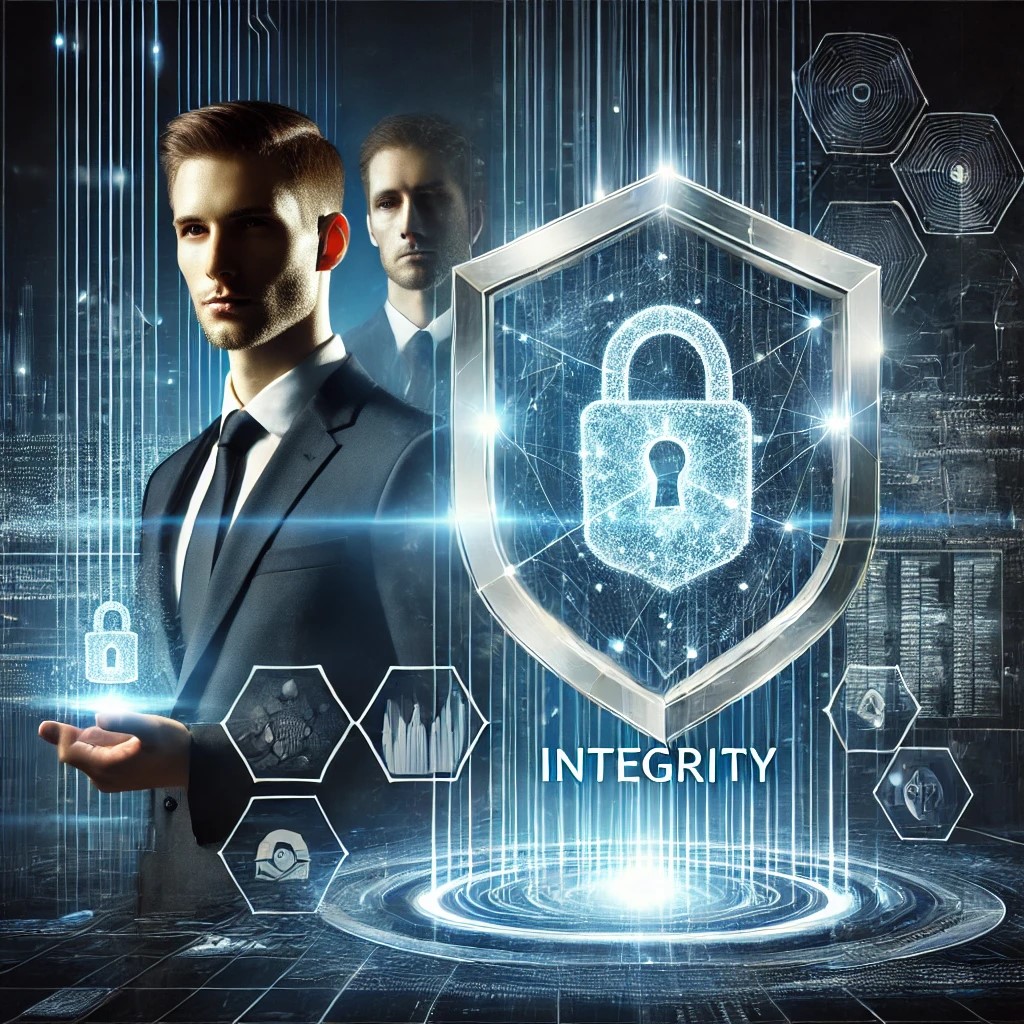 A professional in a suit standing next to a digital shield with a lock symbol, representing cybersecurity and integrity in a futuristic setting.