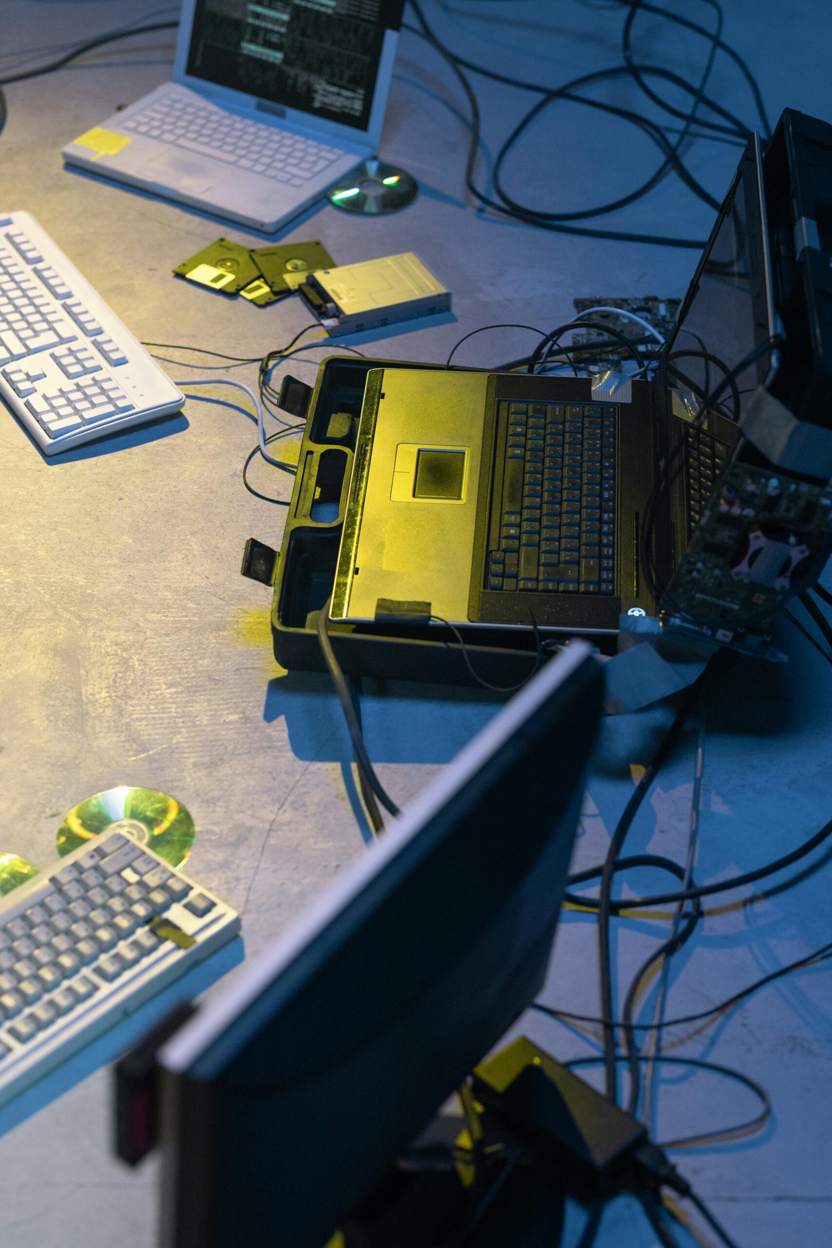 A collection of laptops, monitors, keyboards, and scattered computer hardware on a table with visible cables and disks, illustrating Military-Grade Cybersecurity Expertise and digital forensics setup.