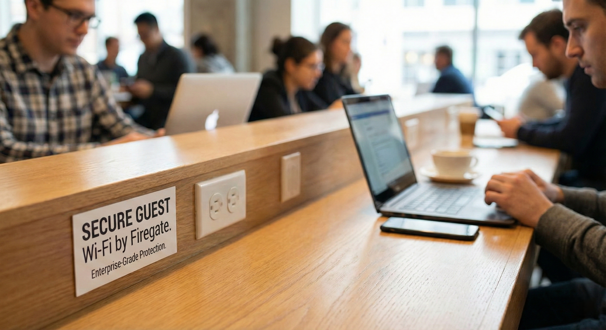 People using laptops over public Wi-Fi, protected by Firegate Box by QuantumSabre