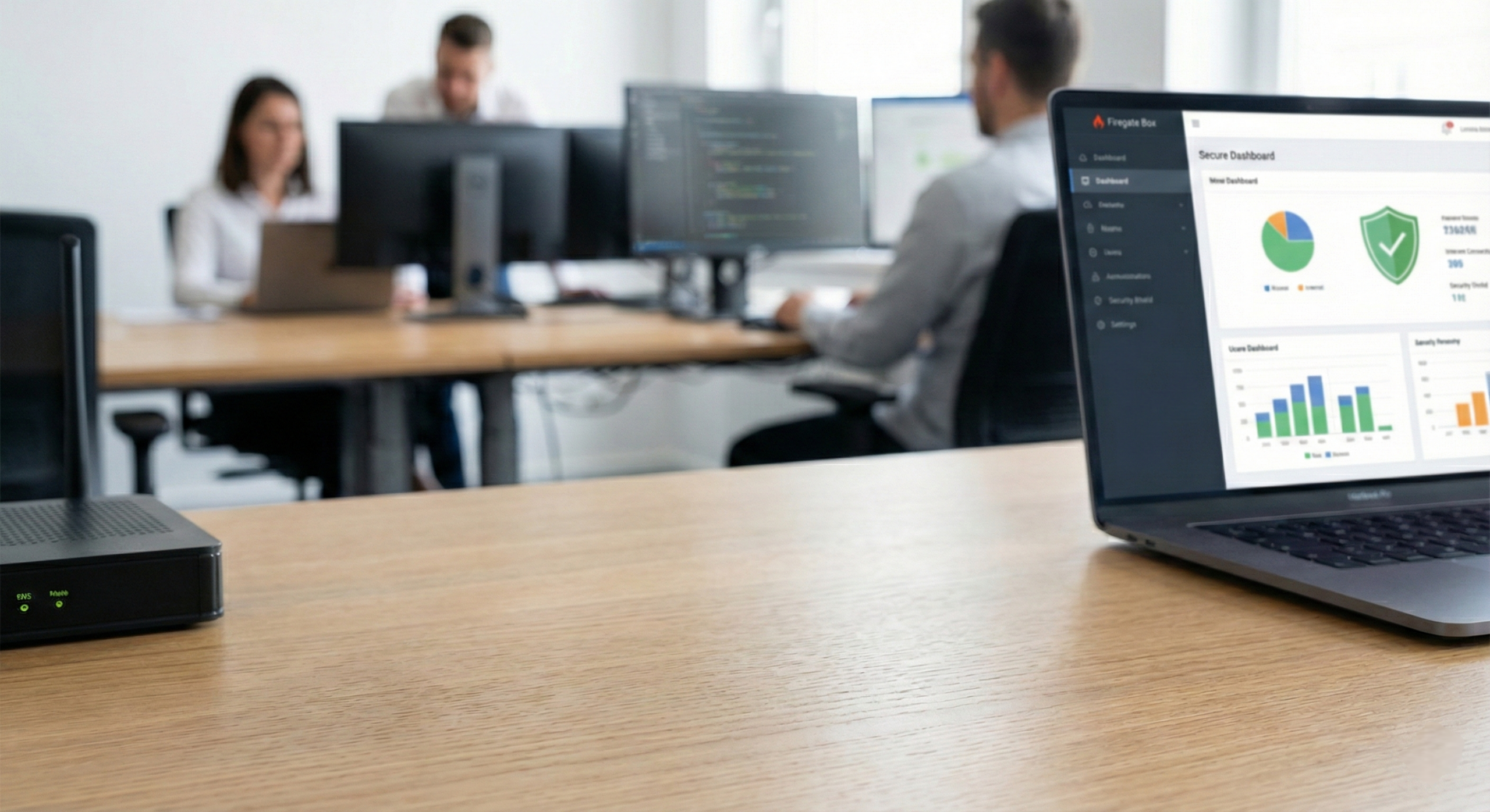 Office environment with laptops secured by Firegate Box by QuantumSabre