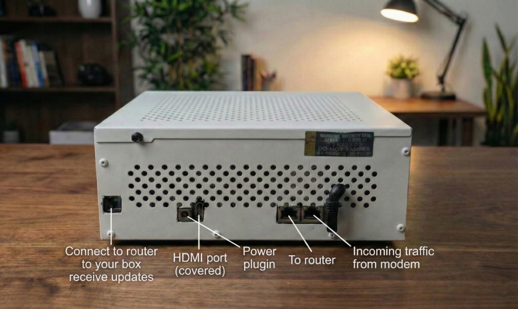 Rear view of the Firegate Security Box with labeled ports for LAN, WAN, and Power