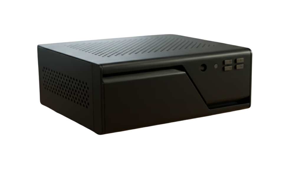 "Front view of the black Firegate Business security appliance, featuring a professional industrial design for enterprise network environments."