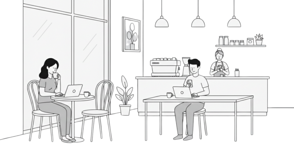 "Illustration of a cafe environment with customers, showing Firegate protecting a public Wi-Fi network to ensure secure browsing for guests."