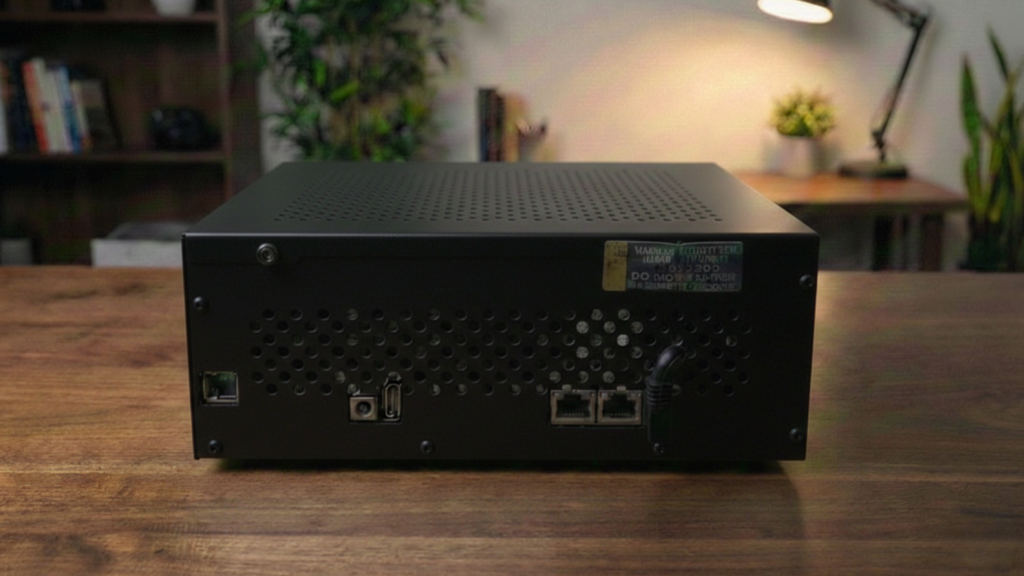 "Rear view of the black Firegate Business security appliance showing multi-gigabit network ports and active cooling system for office environments."