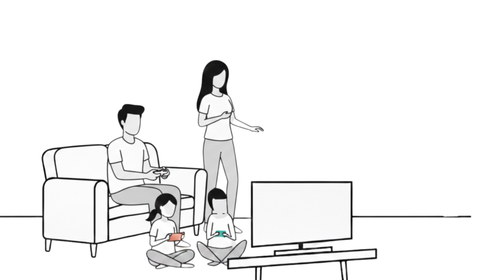 "Illustration of a family with children in a living room, protected by Firegate acting as a digital guardian against hidden network threats."