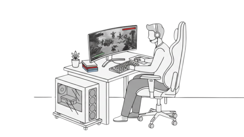 "Illustration of a gamer at a high-end PC setup, showing Firegate protecting the connection from malicious traffic and background noise for low-latency performance."