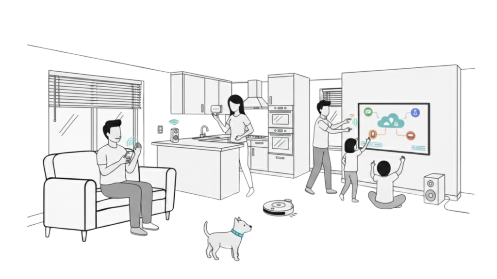 "Illustration of a busy smart home with multiple connected devices like smart TVs and consoles, showing Firegate managing network security for the entire household."