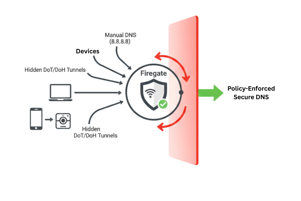 "Diagram showing Firegate blocking hidden DoT/DoH tunnels and manual DNS bypass attempts, enforcing a secure, policy-based DNS for all network devices."