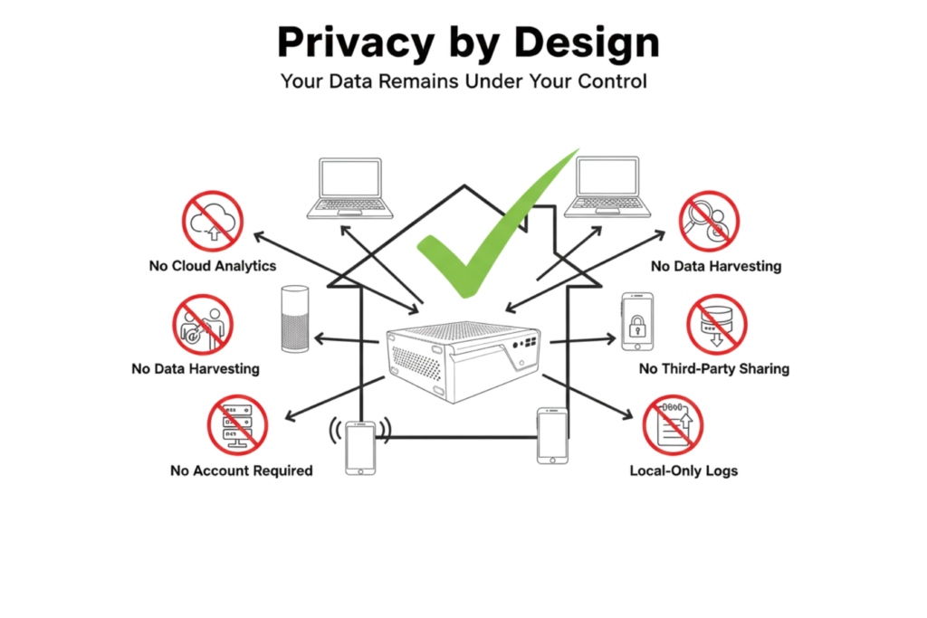 "Privacy by Design diagram showing Firegate keeping data under local control with no cloud analytics or third-party data harvesting."