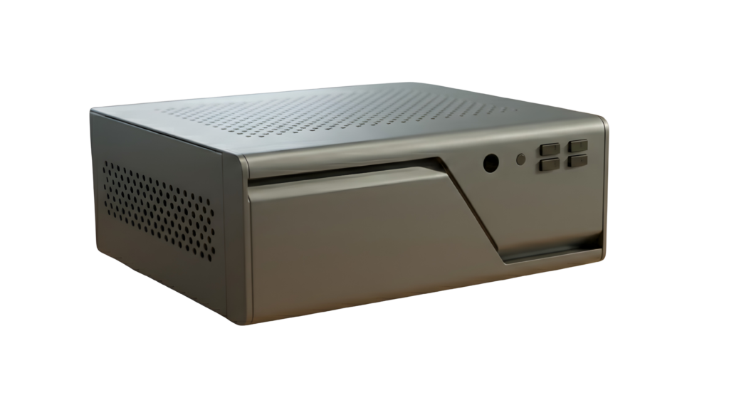 "Front view of the black Firegate Pro security appliance, featuring a sleek industrial design for professional network environments."