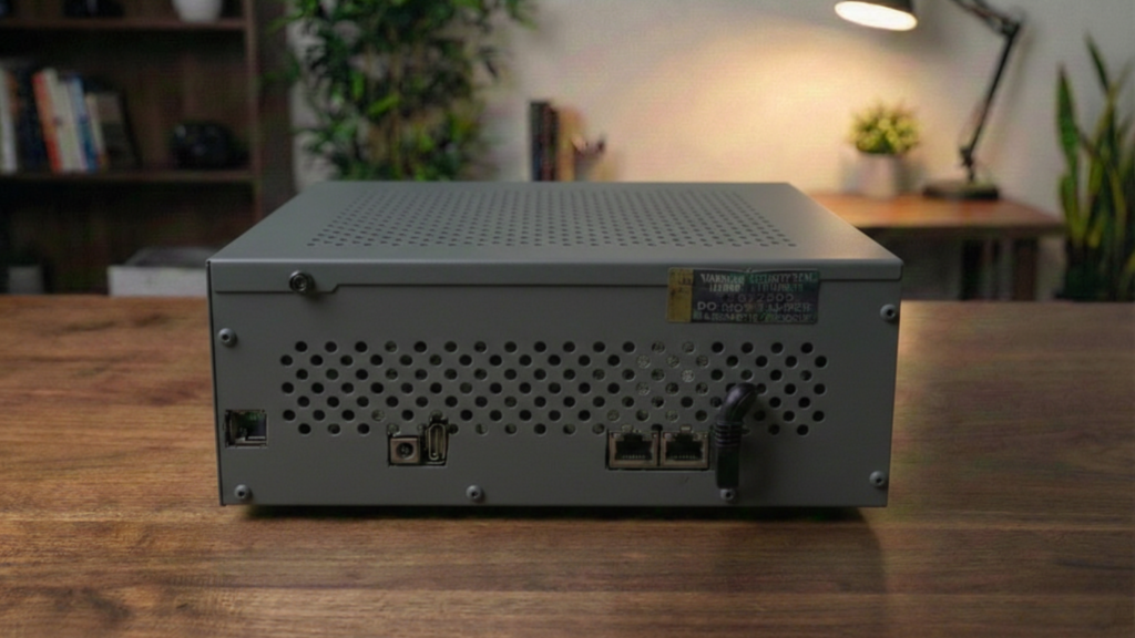 "Rear view of the black Firegate Pro security appliance, showing the cooling fan, power input, and high-speed network ports for professional environments."