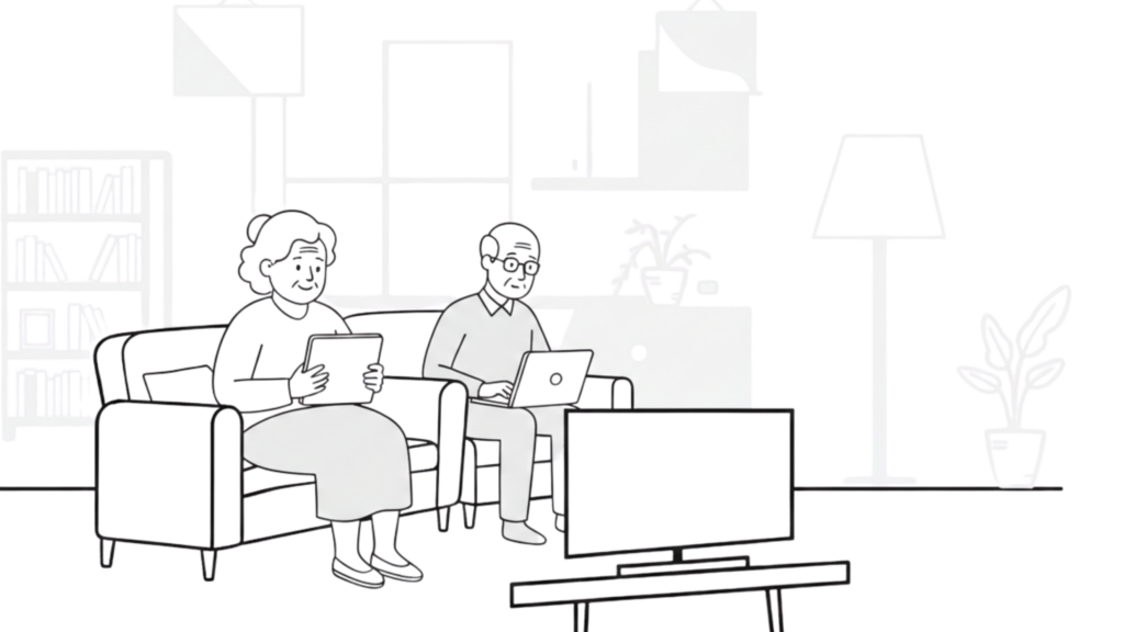 "Illustration of elderly users in a living room, protected by Firegate’s network-level filtering against online scams and fraudulent websites."