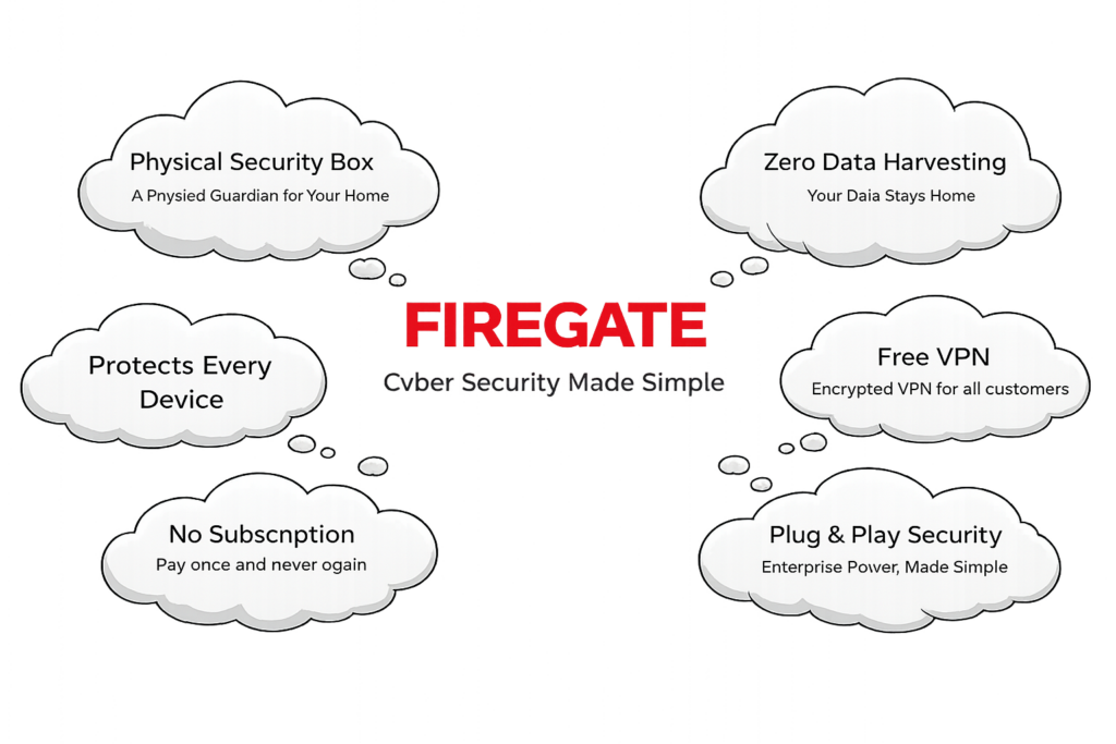 Diagram showing the core benefits of Firegate including secure online banking, smart home IoT protection, and professional home office security.