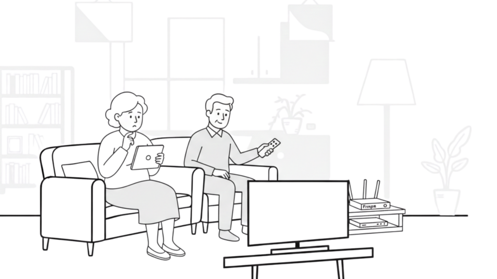 "Illustration of a senior couple in a living room, protected by Firegate’s automated, dashboard-free network security against tracking and silent attacks."