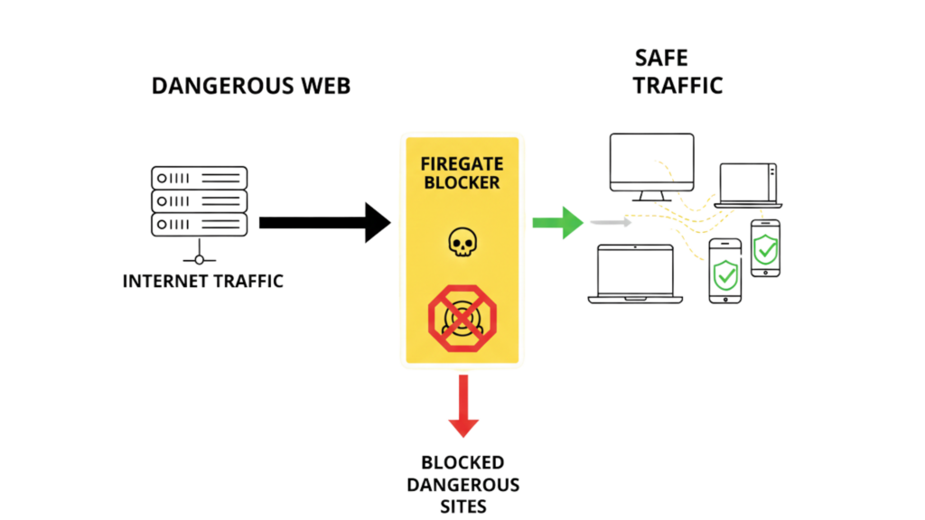 "Diagram showing Firegate as a shield between the dangerous web and a safe home network, blocking adult content and malicious sites automatically."
