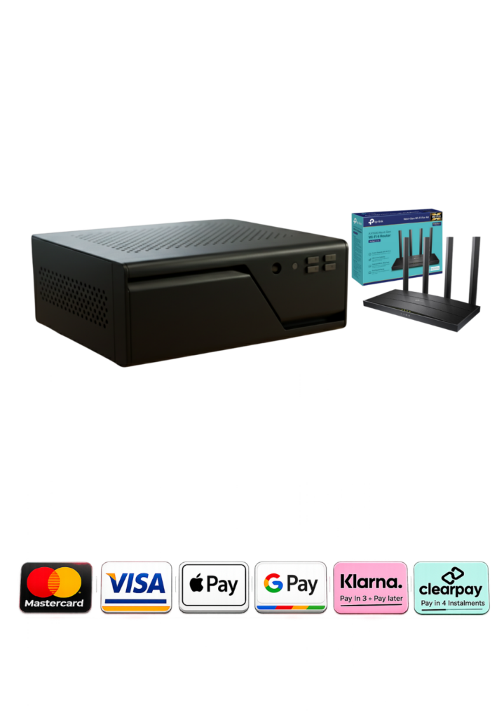 "A black Firegate Business security appliance paired with a Virgin Media compatible router, designed for high-throughput office network protection."