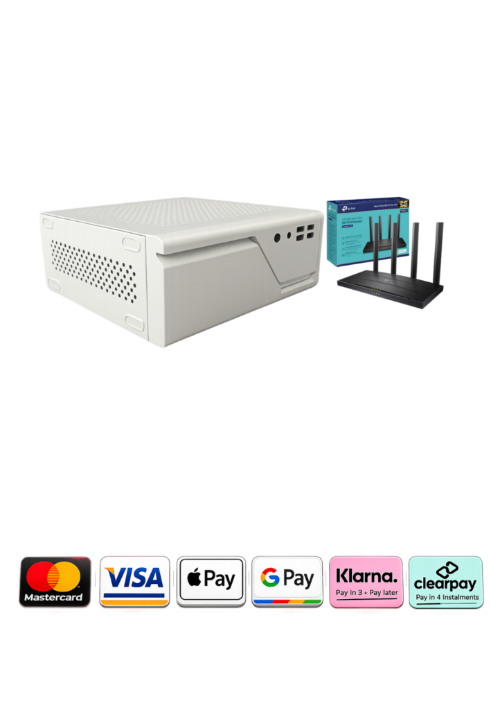 "A white Firegate Home security appliance paired with a Virgin Media compatible router, providing pre-configured network protection for home users."