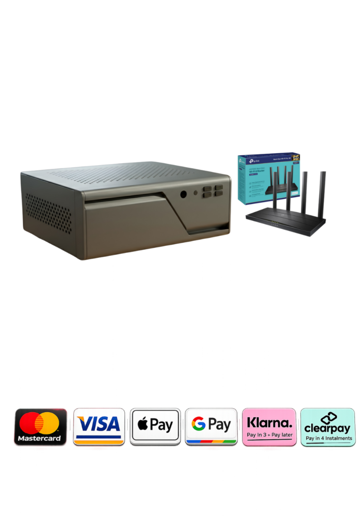 "Firegate Pro security appliance bundled with a Virgin Media compatible router and secure payment badges, offering high-performance network protection."